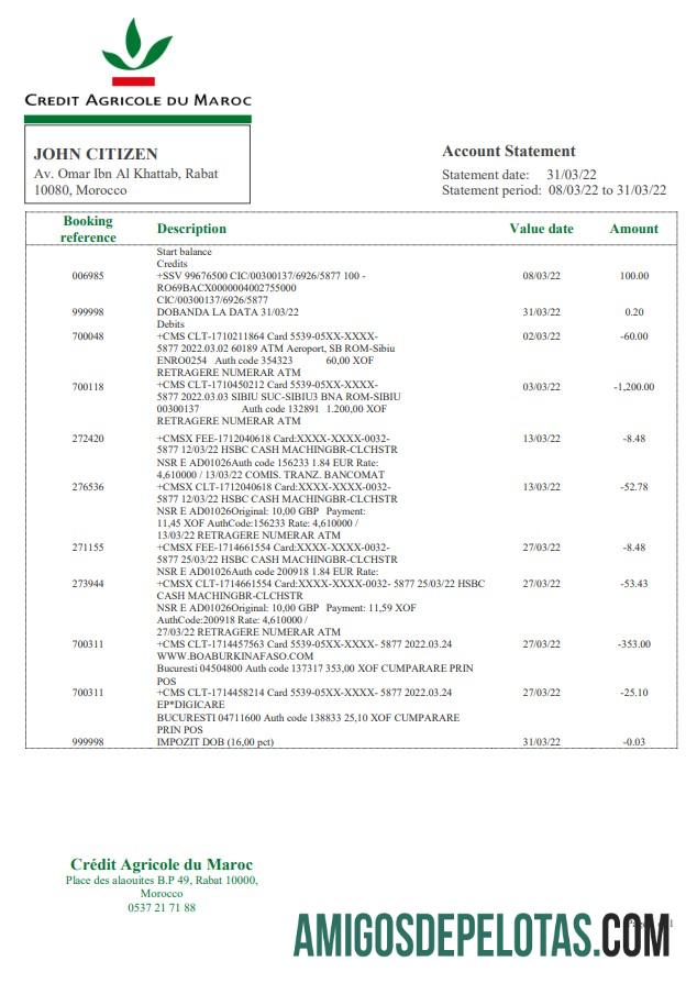 Modelo realista de extrato bancário do Credit Agricole de Marrocos em Word e PDF